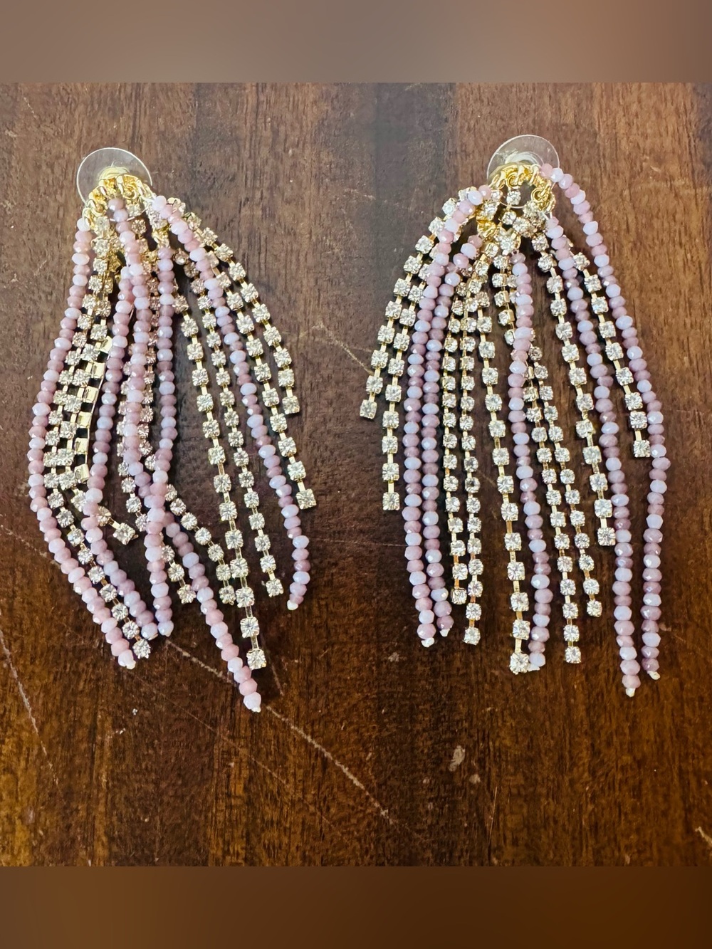 Pink Beaded Rhinestone Cascading Tassel Chandelier Statement Earrings